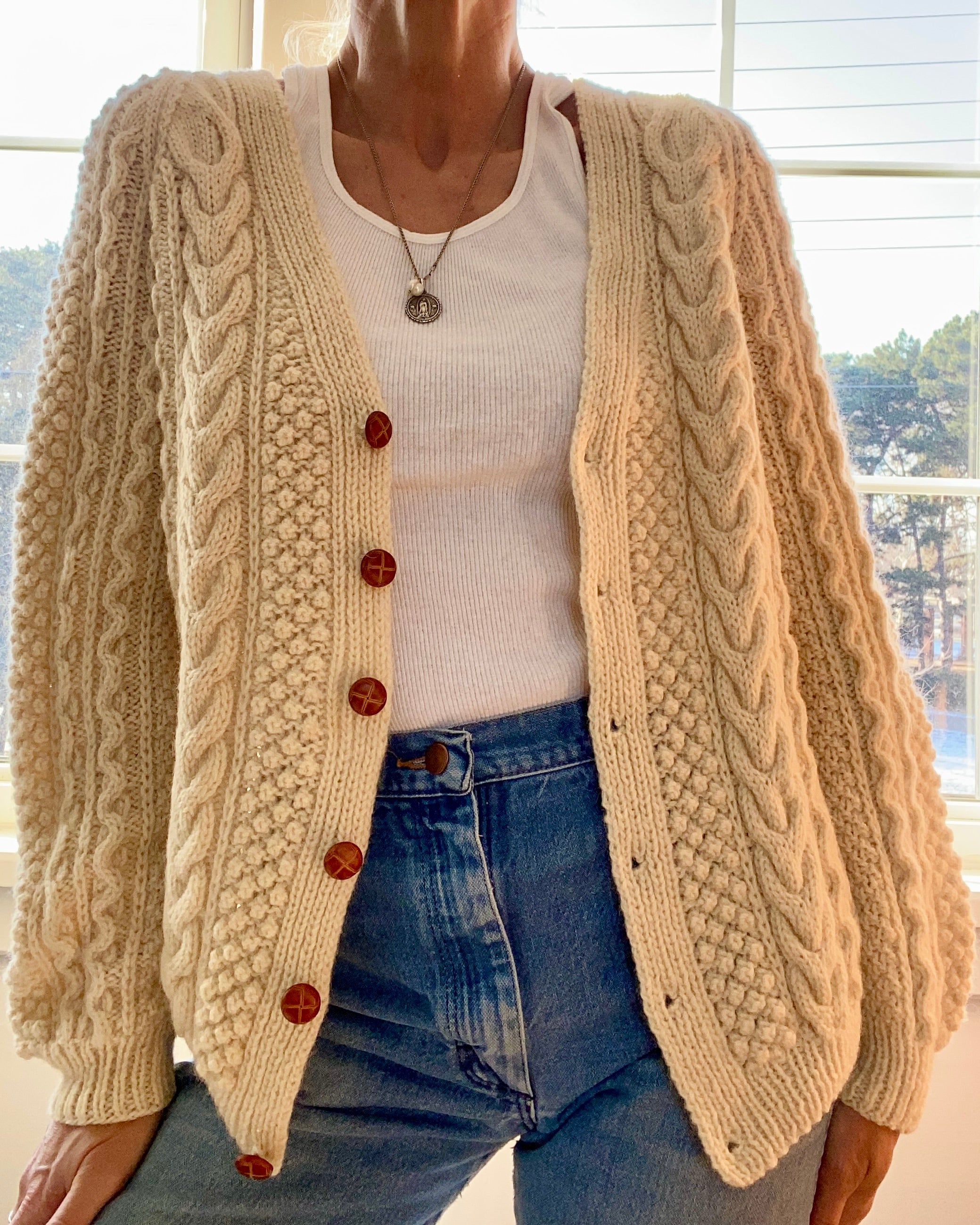 VINTAGE Handknit Fisherman Cable Wool Cardigan M