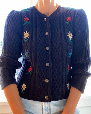 Vintage Tyrolean Folk Handknit Embroidered Wool Cardigan