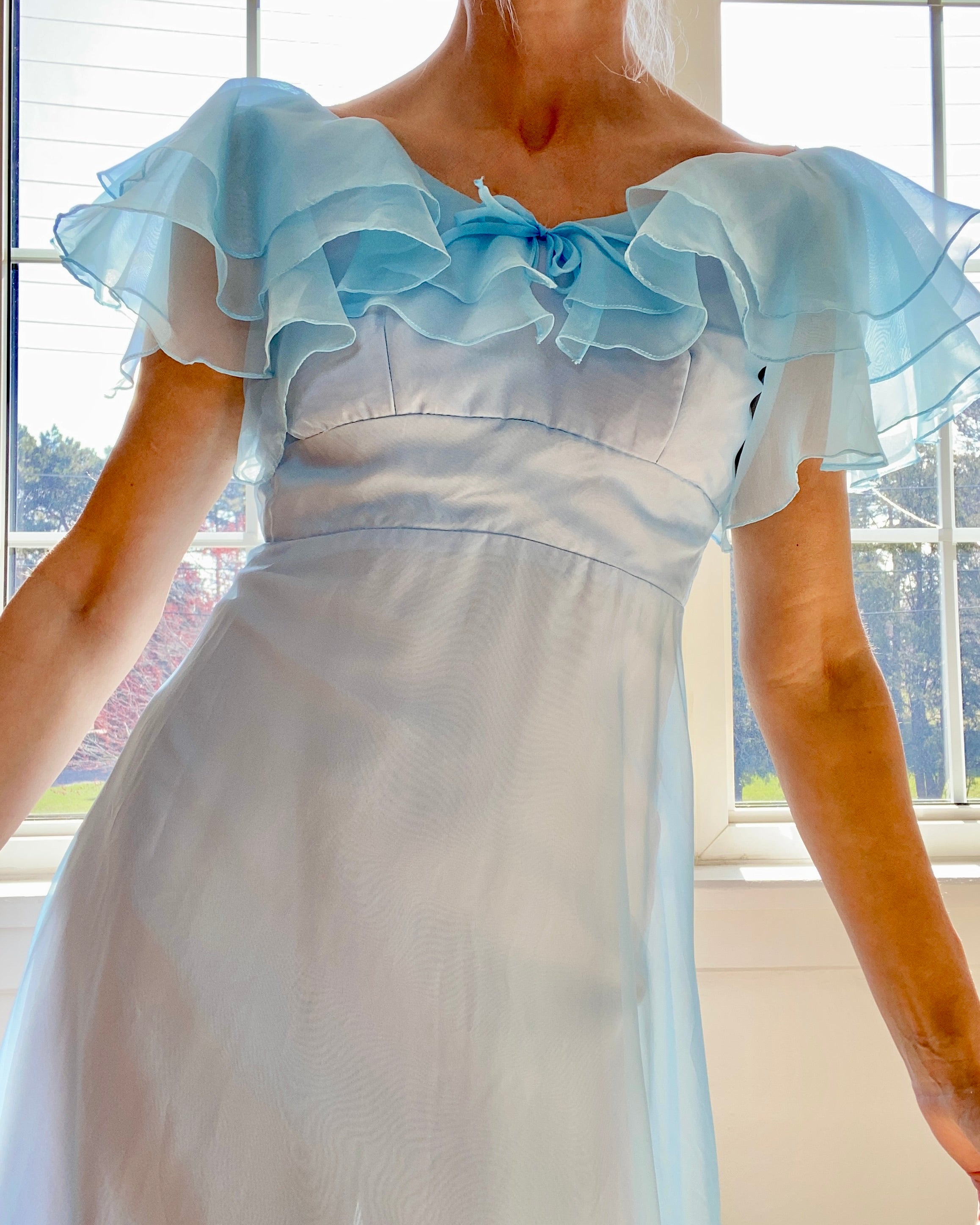 Vintage 1970s Montgomery Ward Blue Chiffon Formal Gown Size 4 - LGWU Union label USA