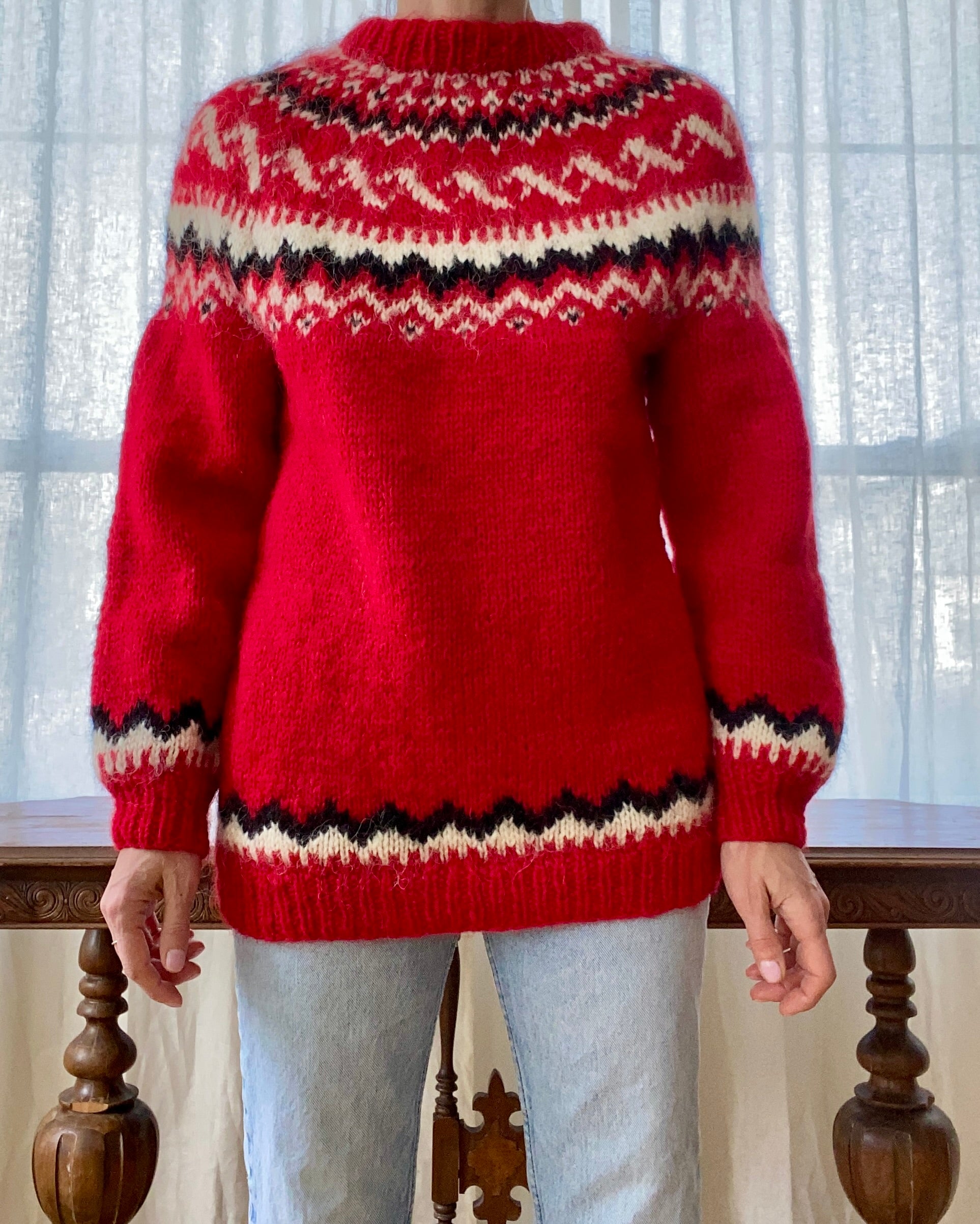 Vintage Icelandic Lopi Fair Isle Red Sweater M L