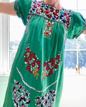 Vintage Mexican Embroidered Green Dress