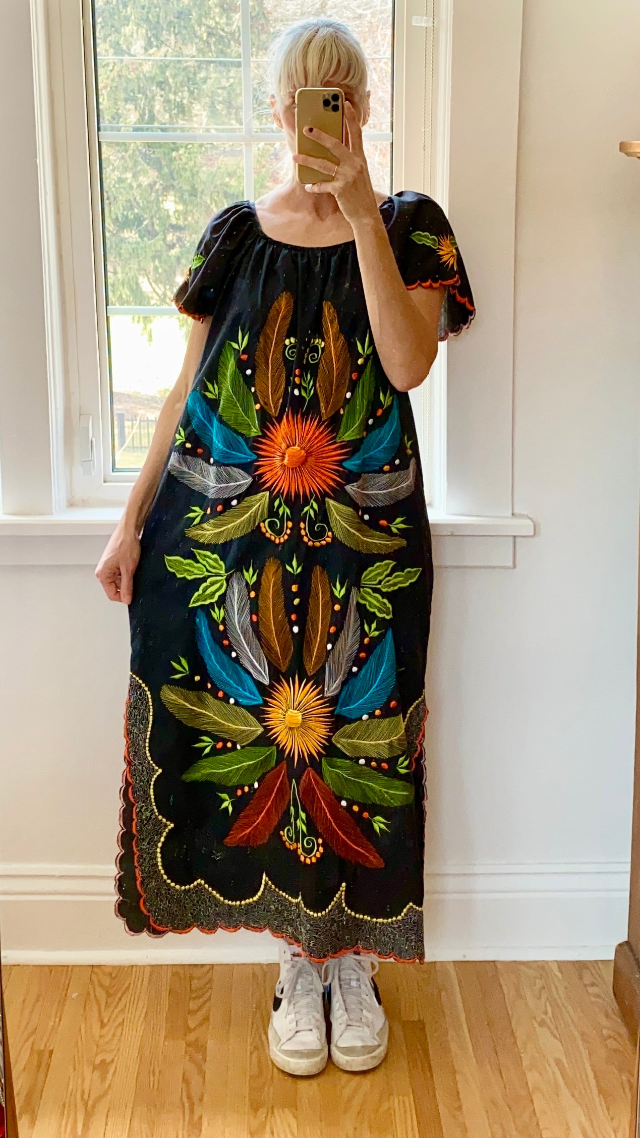 Vintage Mexican Embroidered Black Butterfly Maxi Dress