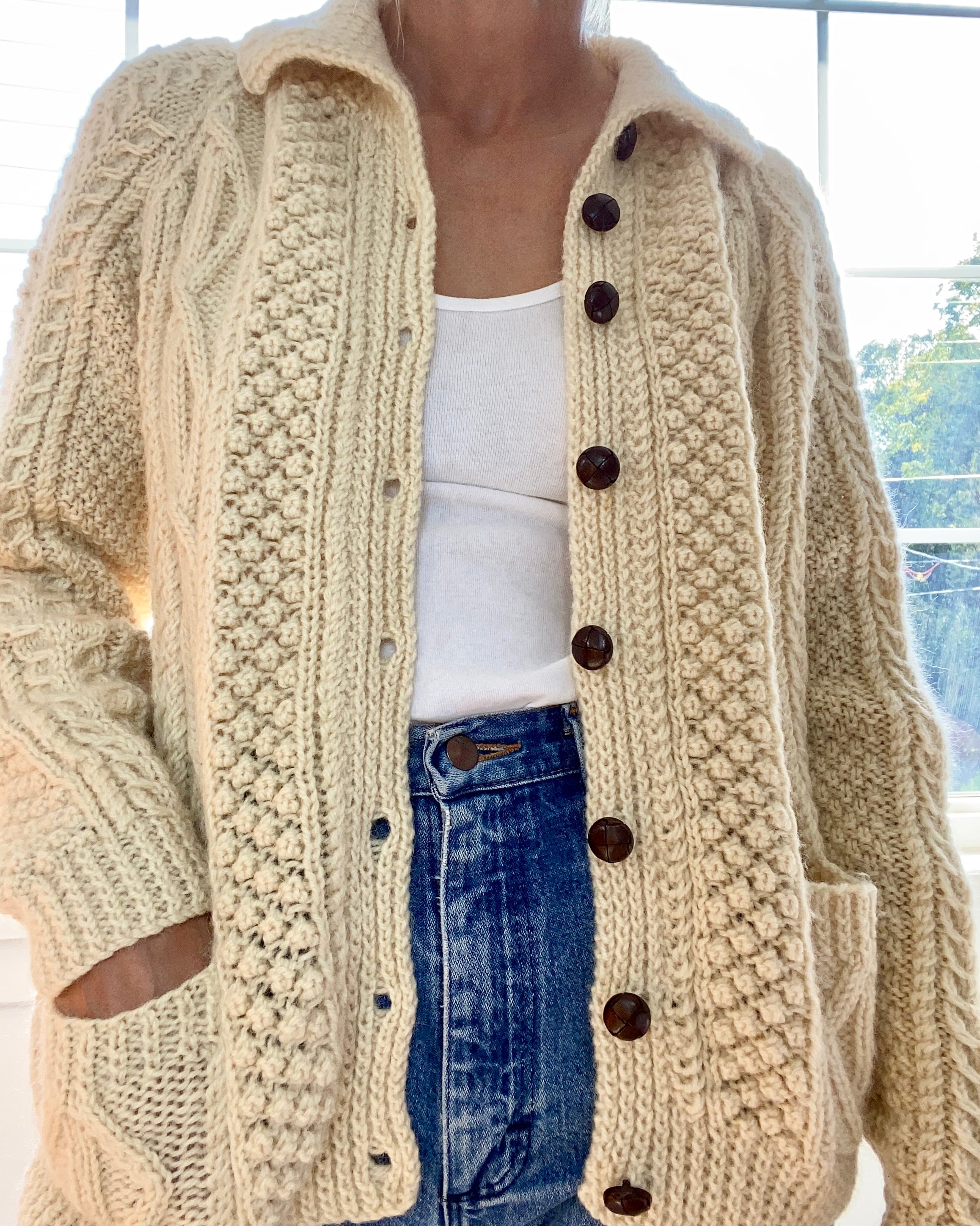 VINTAGE Cable Wool Cardigan with Collar