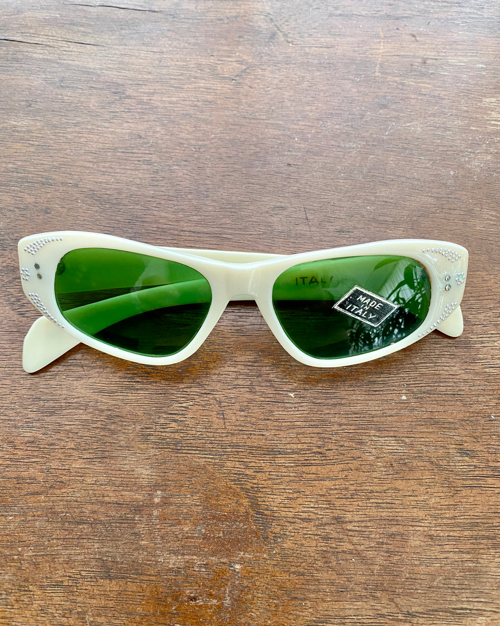 Vintage 1950s Italian Bone Color Lucite with Rhinestones Cat Eye Sunglasses Deadstock with Tags