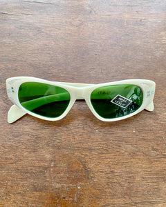 Vintage 1950s Italian Bone Color Lucite with Rhinestones Cat Eye Sunglasses Deadstock with Tags