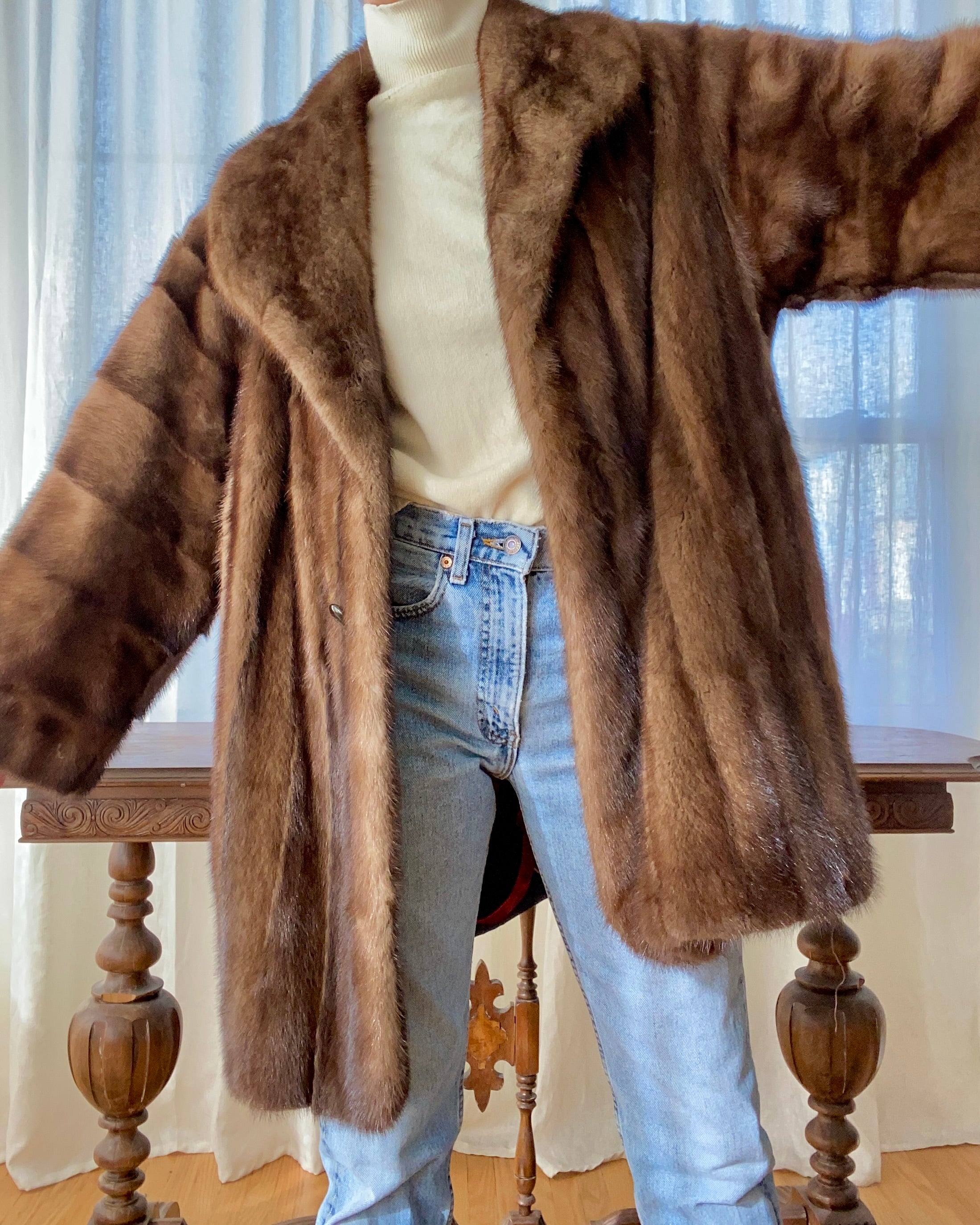Vintage Christian Dior Shawl Collar Brown Mink Coat Jacket L XL
