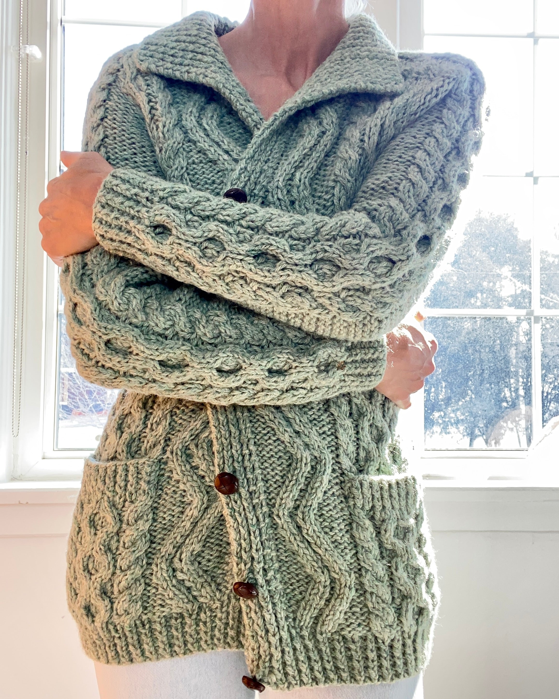 VINTAGE Sage Green Cable Wool Cardigan with Collar