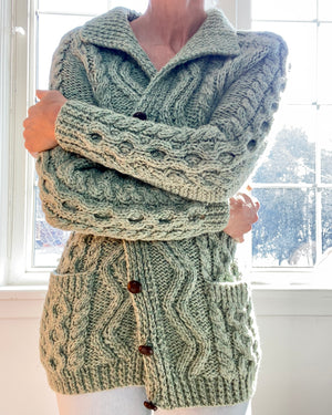 VINTAGE Sage Green Cable Wool Cardigan with Collar