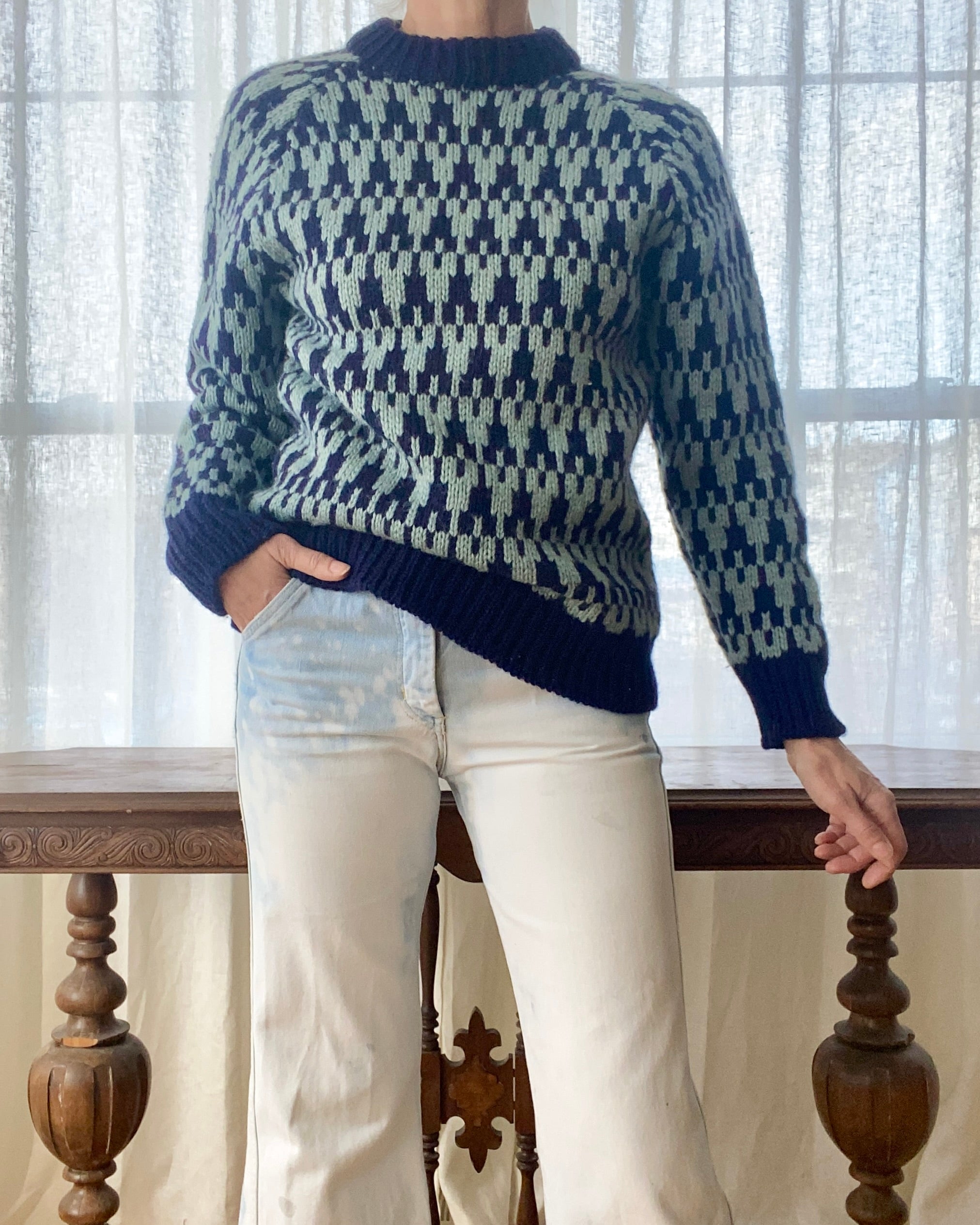 Vintage Blue Houndstooth Irish Wool Sweater