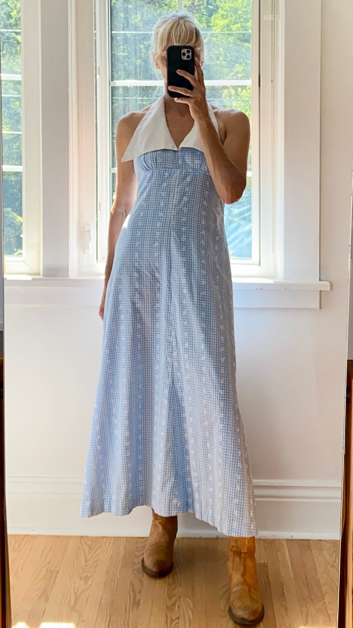 VINTAGE 1970s Baby Blue Gingham Embroidered Halter Maxi Dress