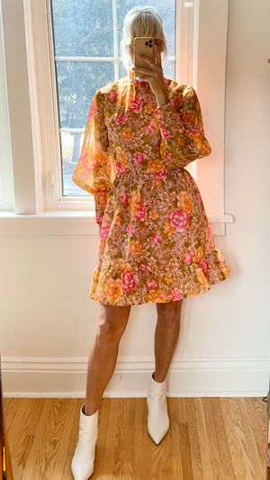 Vintage 1960s Floral Organza Puff Sleeve Sleeves M