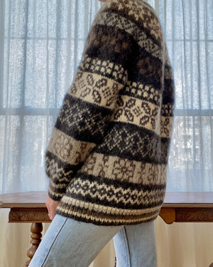 Vintage All Over Fair Isle Shetland Style Hand knit Wool Sweater in Earth tones M to L