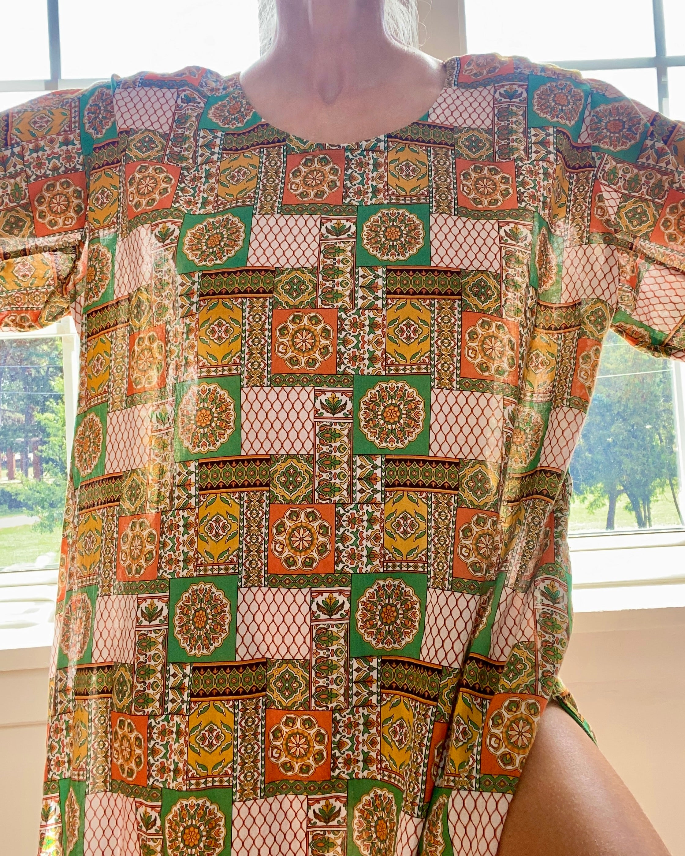 Vintage Floral Tile Print Voile Caftan Dress