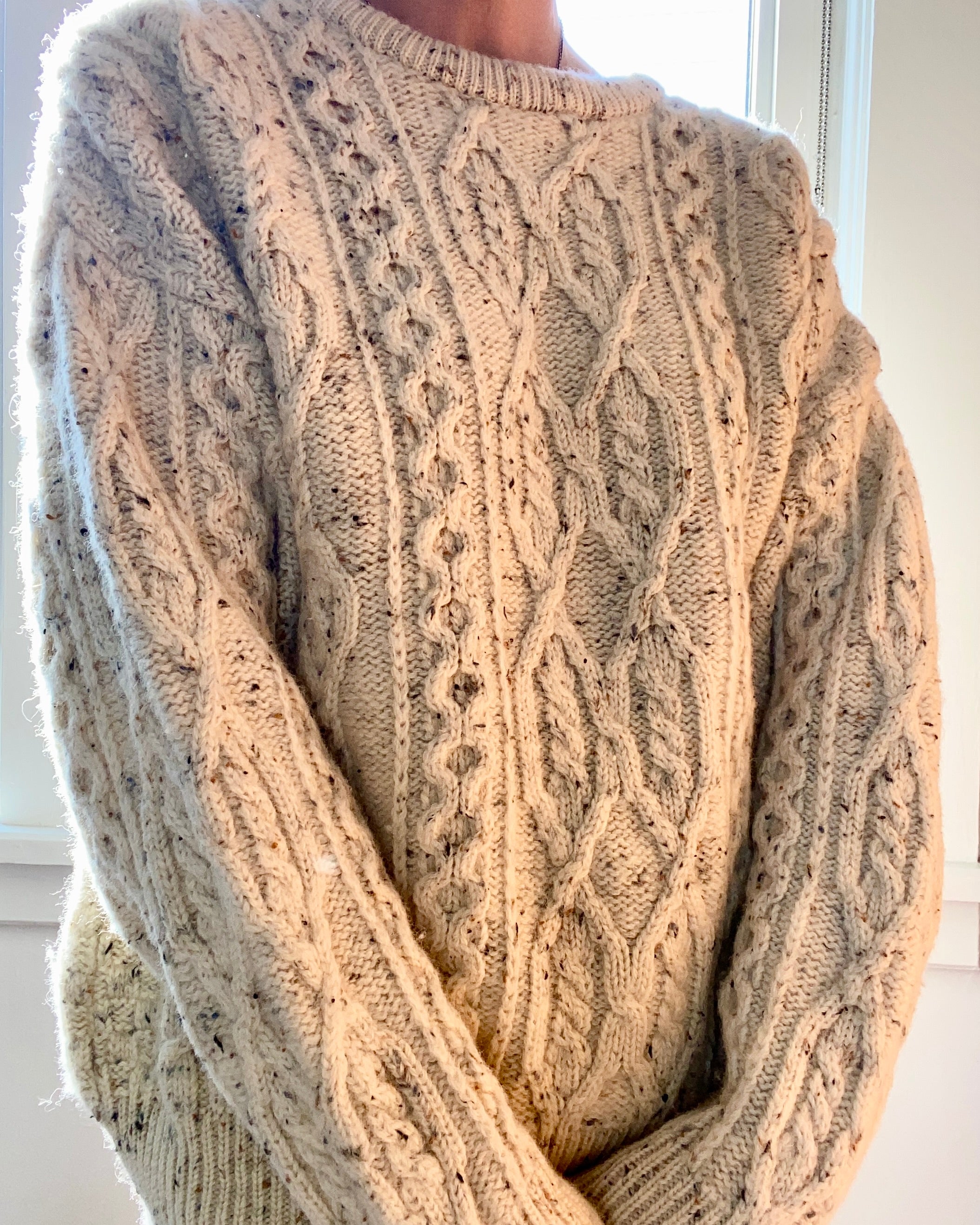 Vintage Handknit ARAN KNITS Oatmeal Fisherman Cable Sweater Made in Ireland M L XL