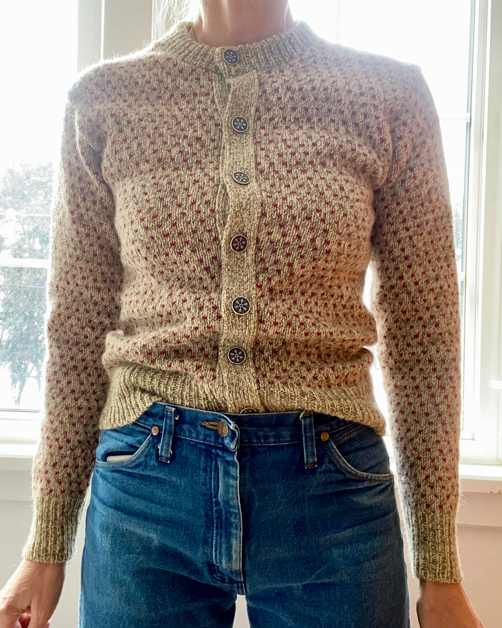Vintage LLBEAN Freeport Maine Oatmeal and Red Birds Eye Norwegian Cardigan S