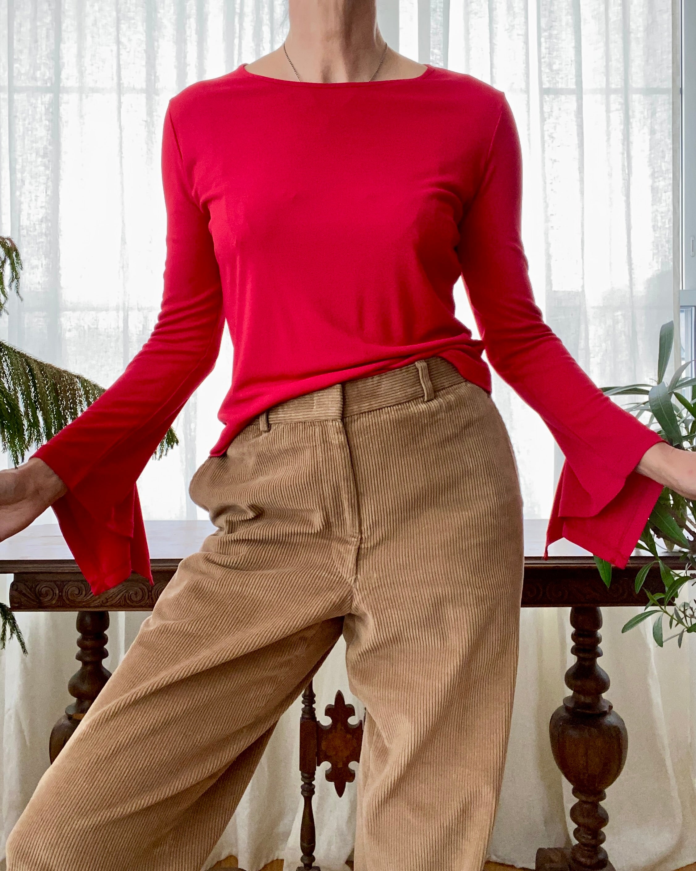 Vintage 1990s Louis Feraud Red Matte Jersey Bell sleeve Tee M