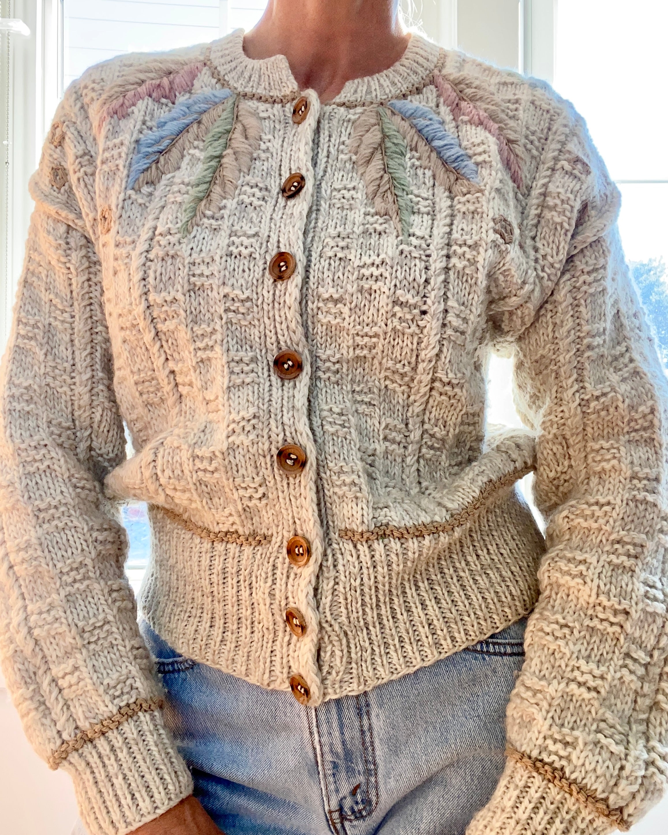 VINTAGE Embroidered Oatmeal Basket Weave Wool Cardigan