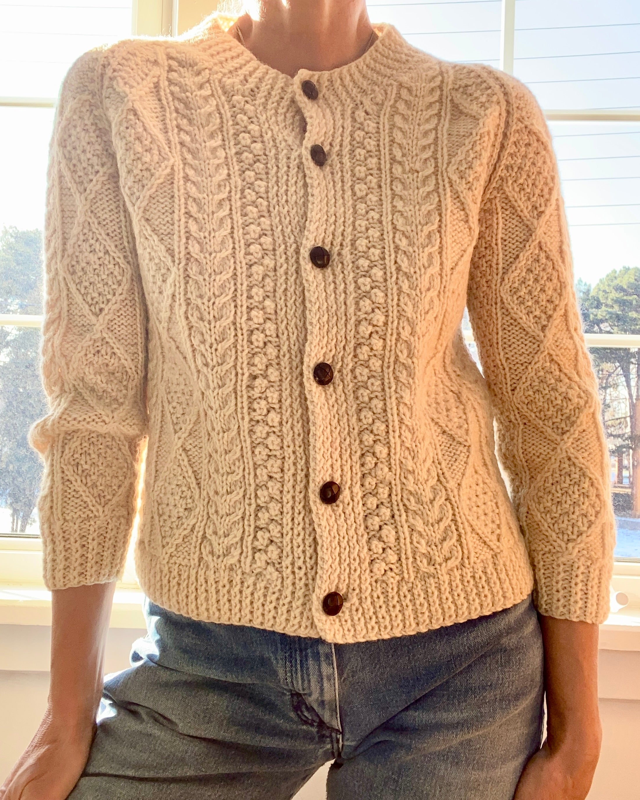 VINTAGE Handknit Irish Fisherman Cable Wool Cardigan S