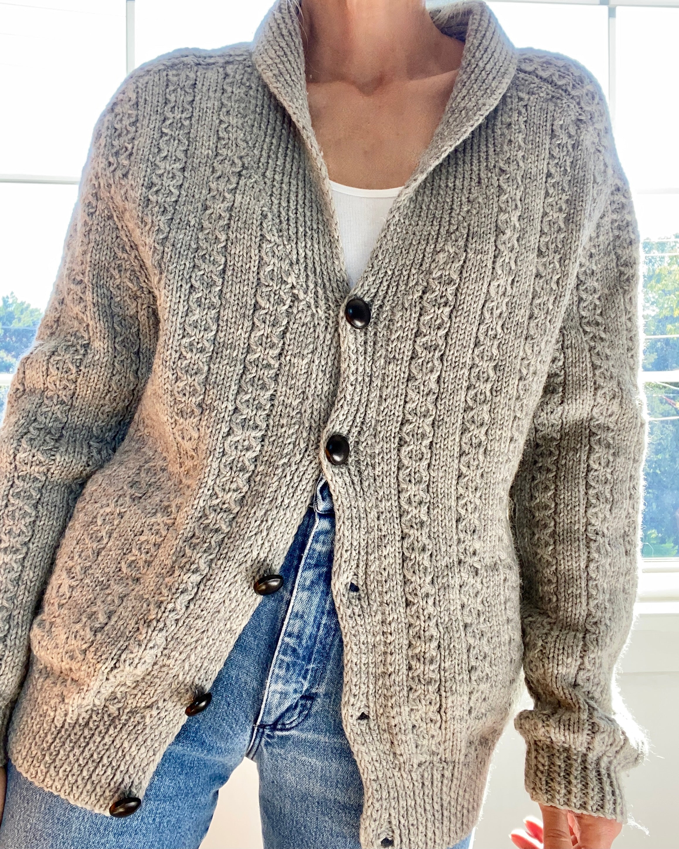 VINTAGE Handknit Shawl Collar Irish Light Grey Cardigan
