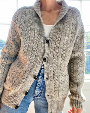 VINTAGE Handknit Shawl Collar Irish Light Grey Cardigan