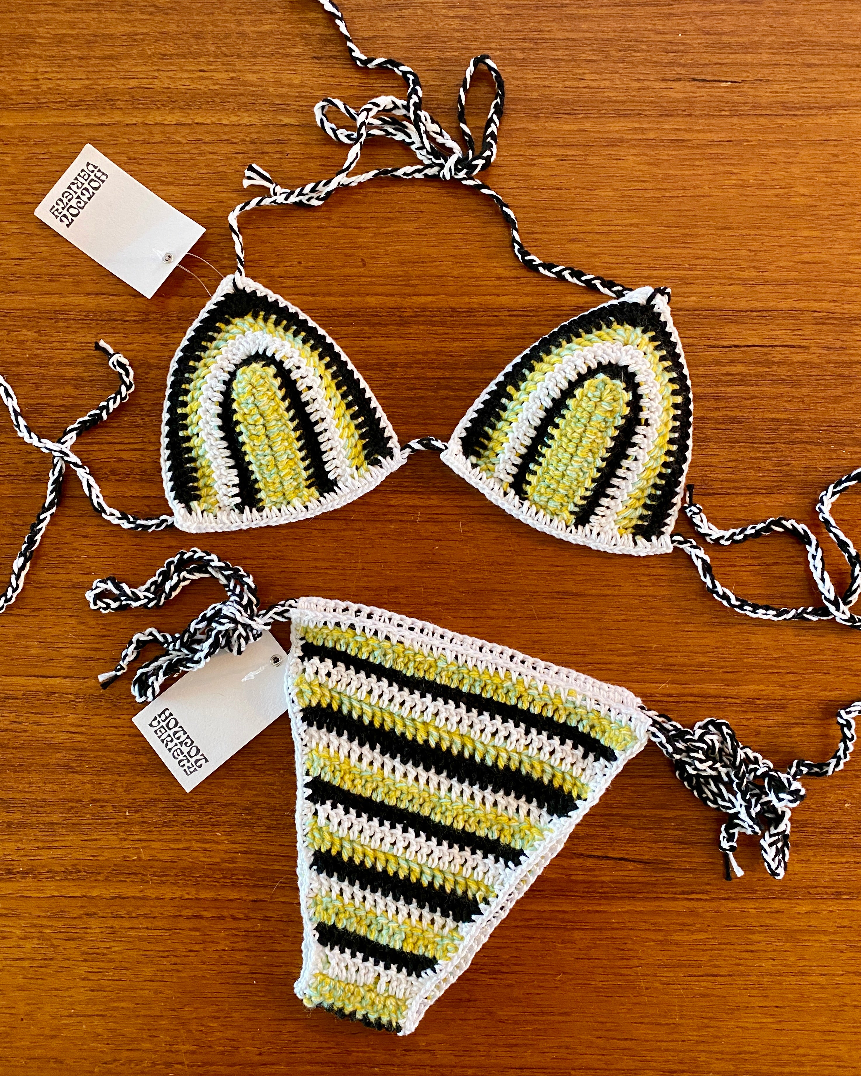 HOT POT VARIETY Black/Lime Stripe Crochet Bikini SET