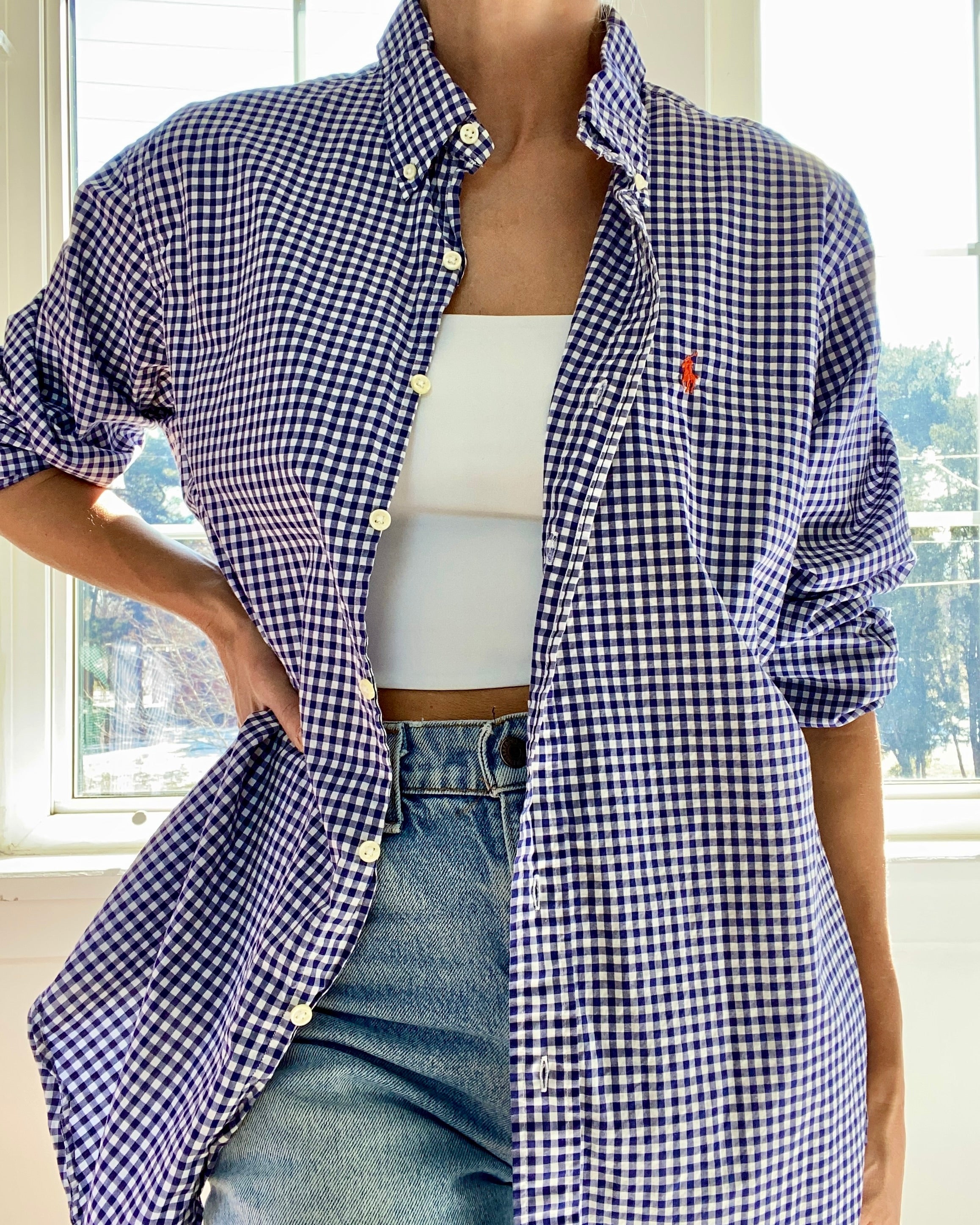 Vintage Ralph Lauren Mens Blue Gingham Button Down Shirt