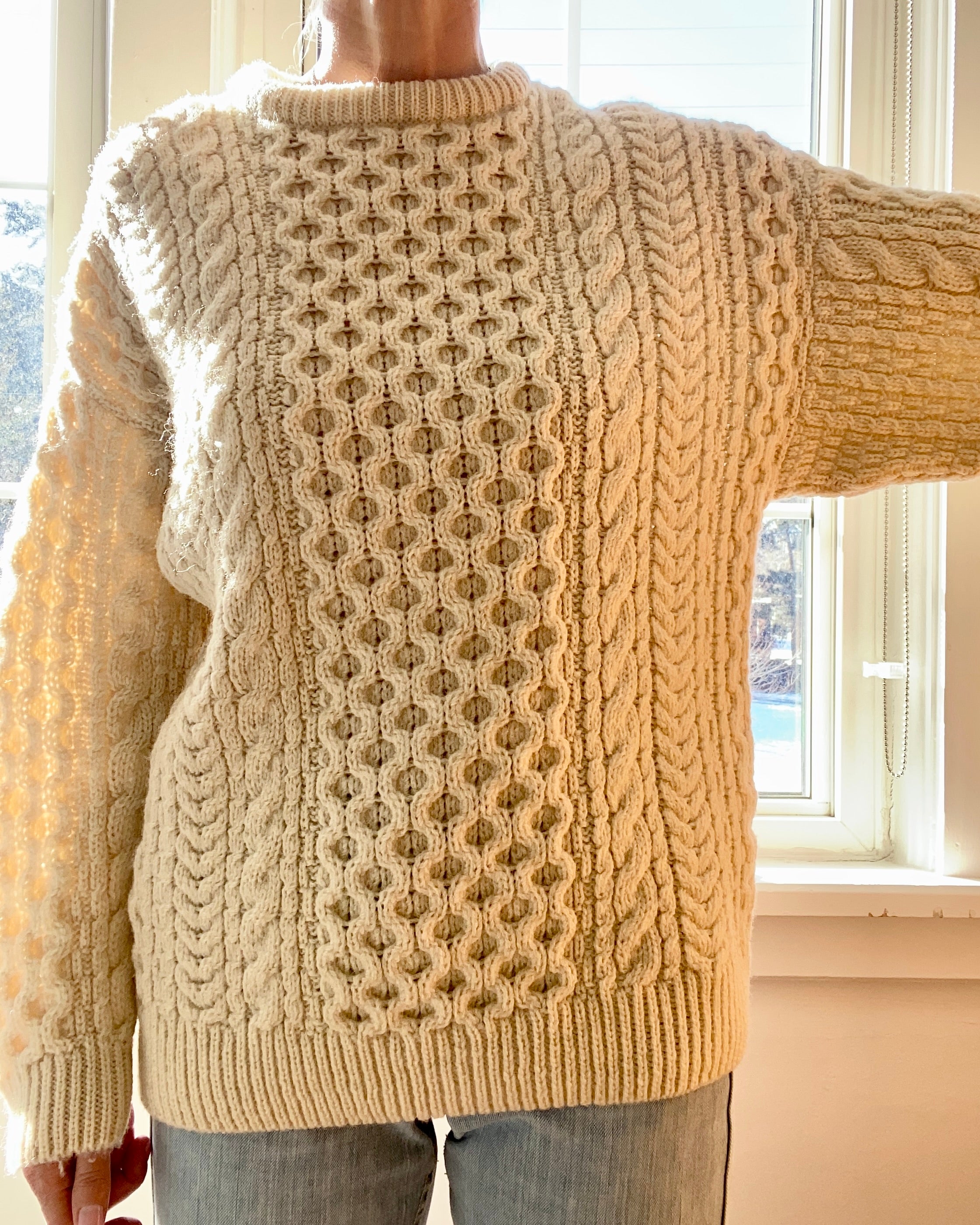 Vintage Handknit Cream Fisherman Cable Sweater M L