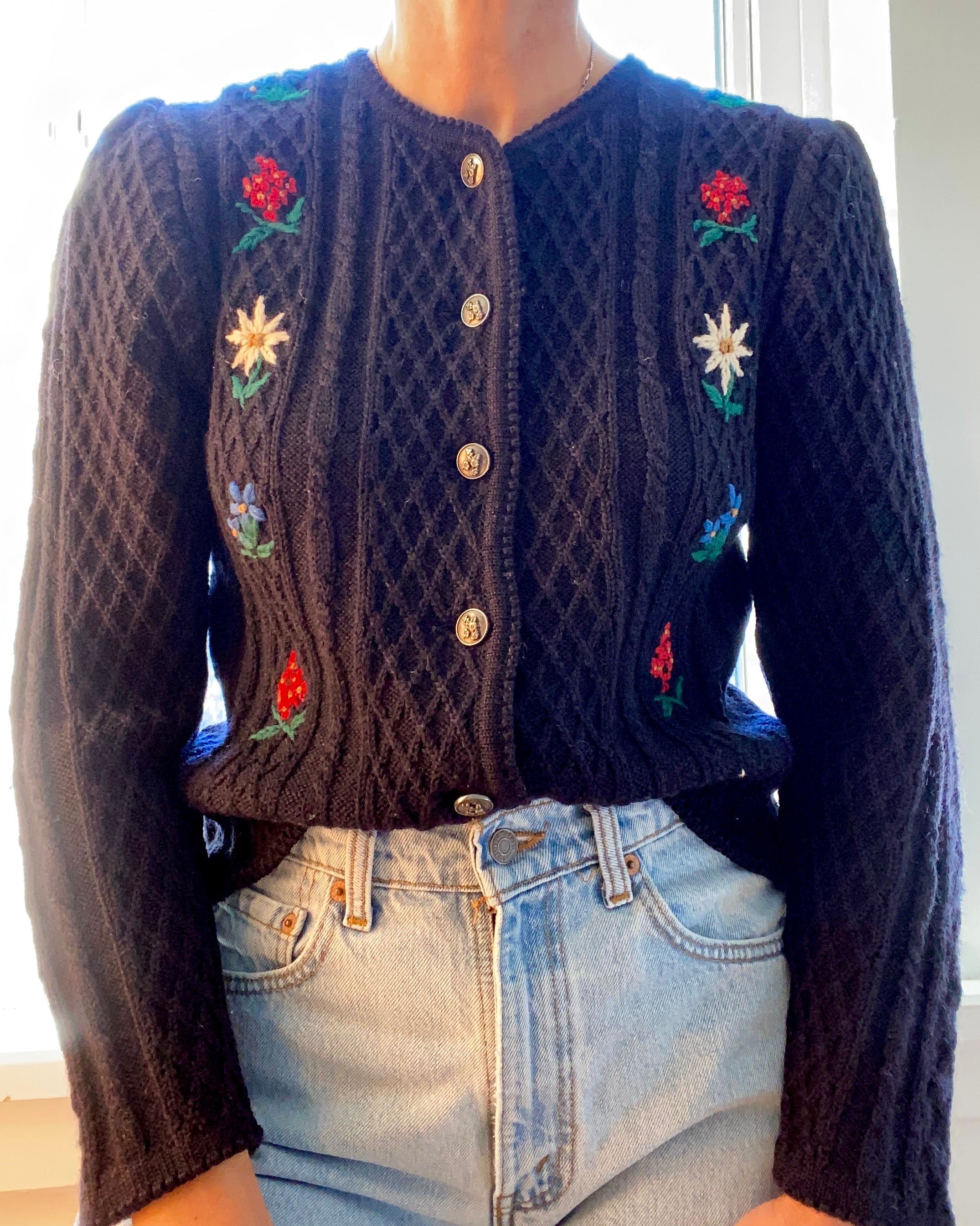 Vintage Tyrolean Folk Handknit Embroidered Wool Cardigan