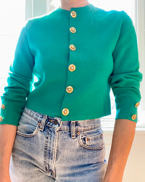 Vintage 1980s JAEGER Emerald Green Crop Knit Jacket Cardigan M