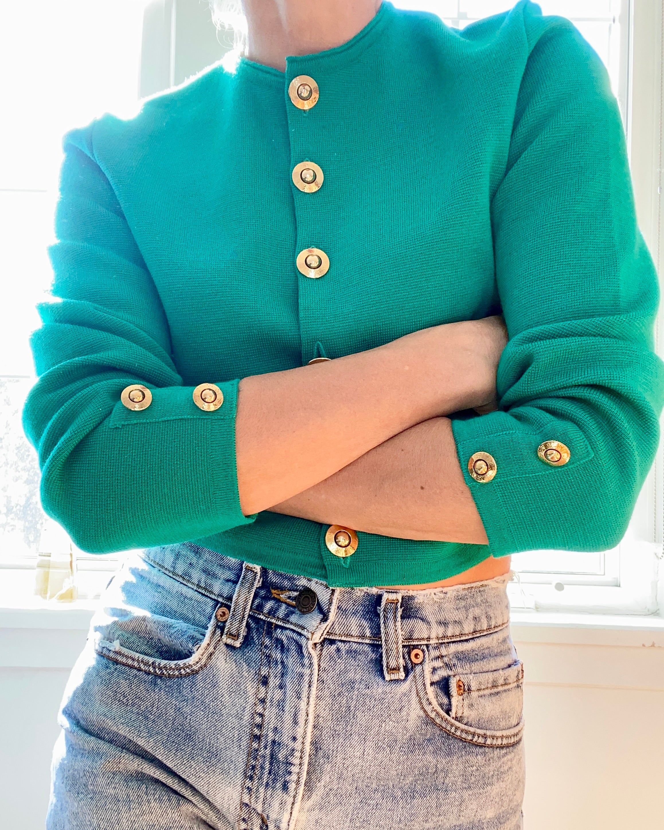 Vintage 1980s JAEGER Emerald Green Crop Knit Jacket Cardigan M