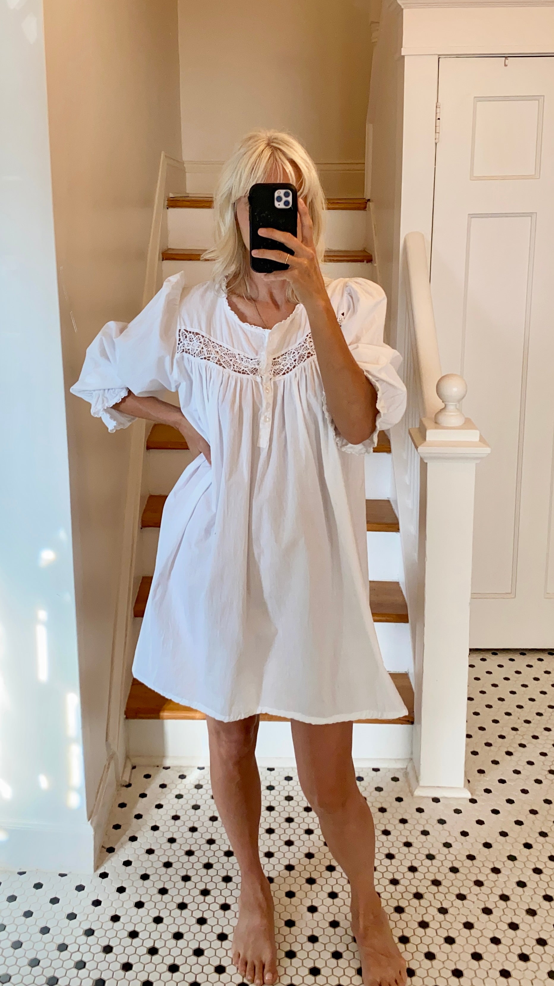 VINTAGE White Cotton Nighty Dress with Puff Sleeves