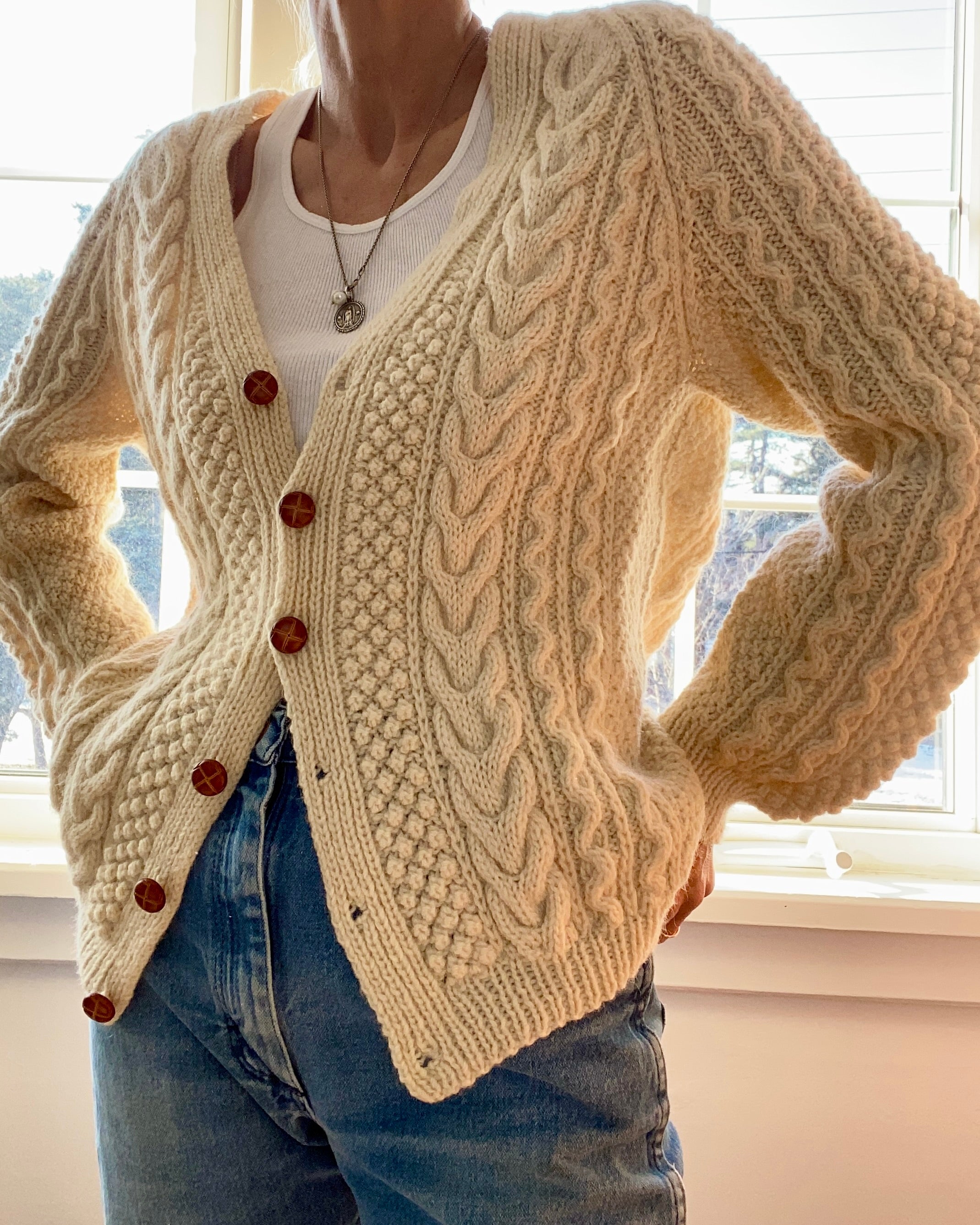 VINTAGE Handknit Fisherman Cable Wool Cardigan M