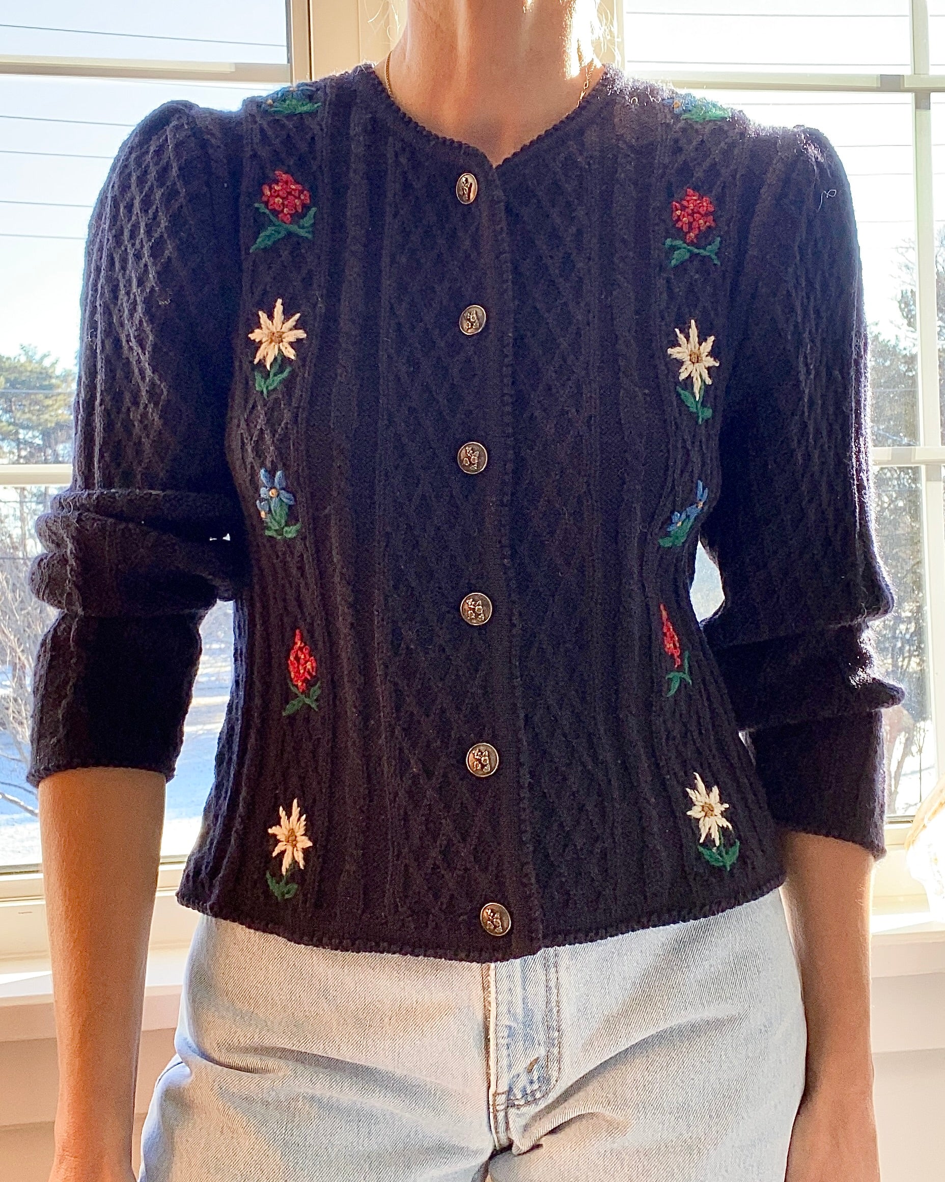 Vintage Tyrolean Folk Handknit Embroidered Wool Cardigan