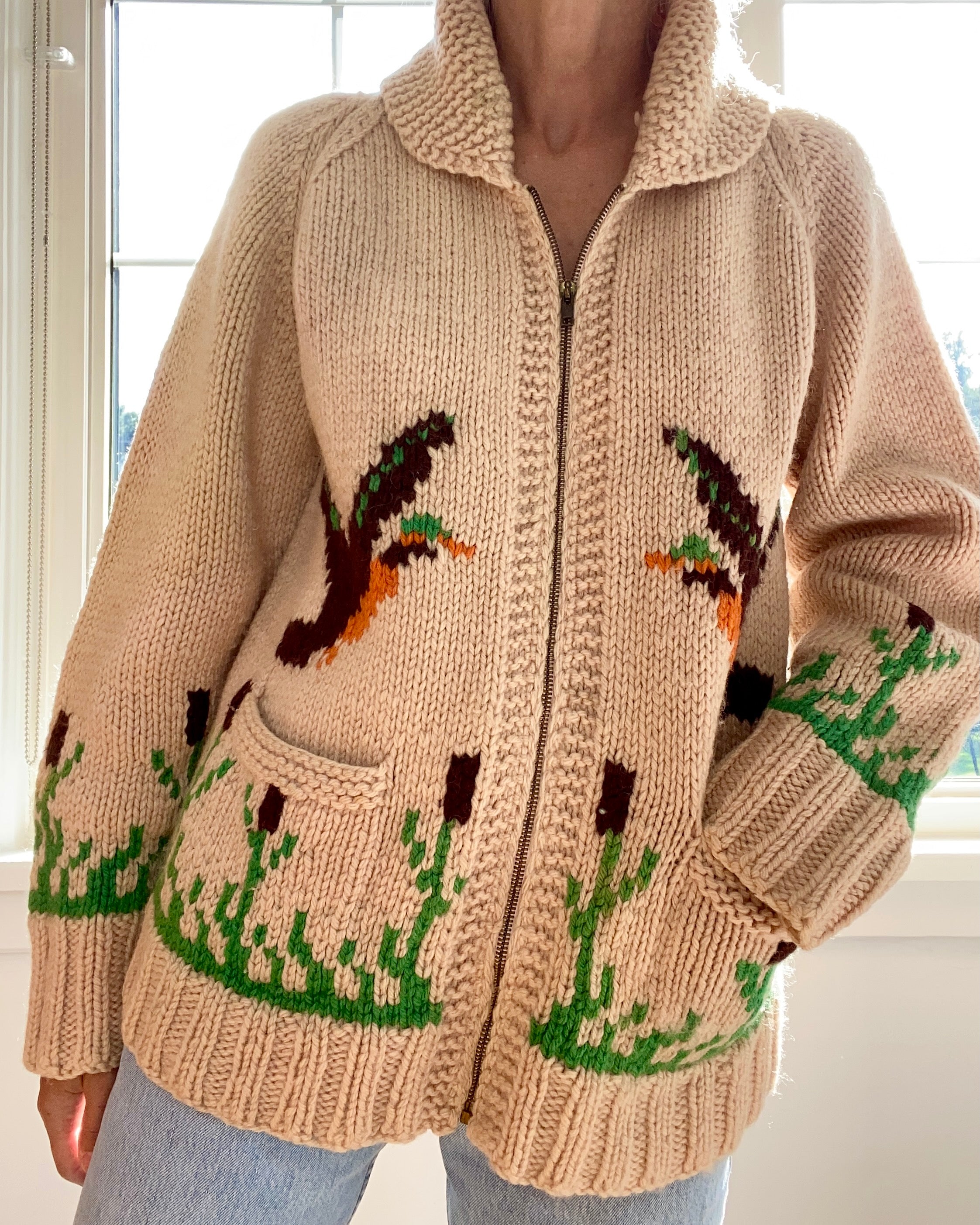 Vintage 1950s Curling Ducks Wool Cardigan