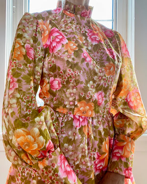 Vintage 1960s Floral Organza Puff Sleeve Sleeves M