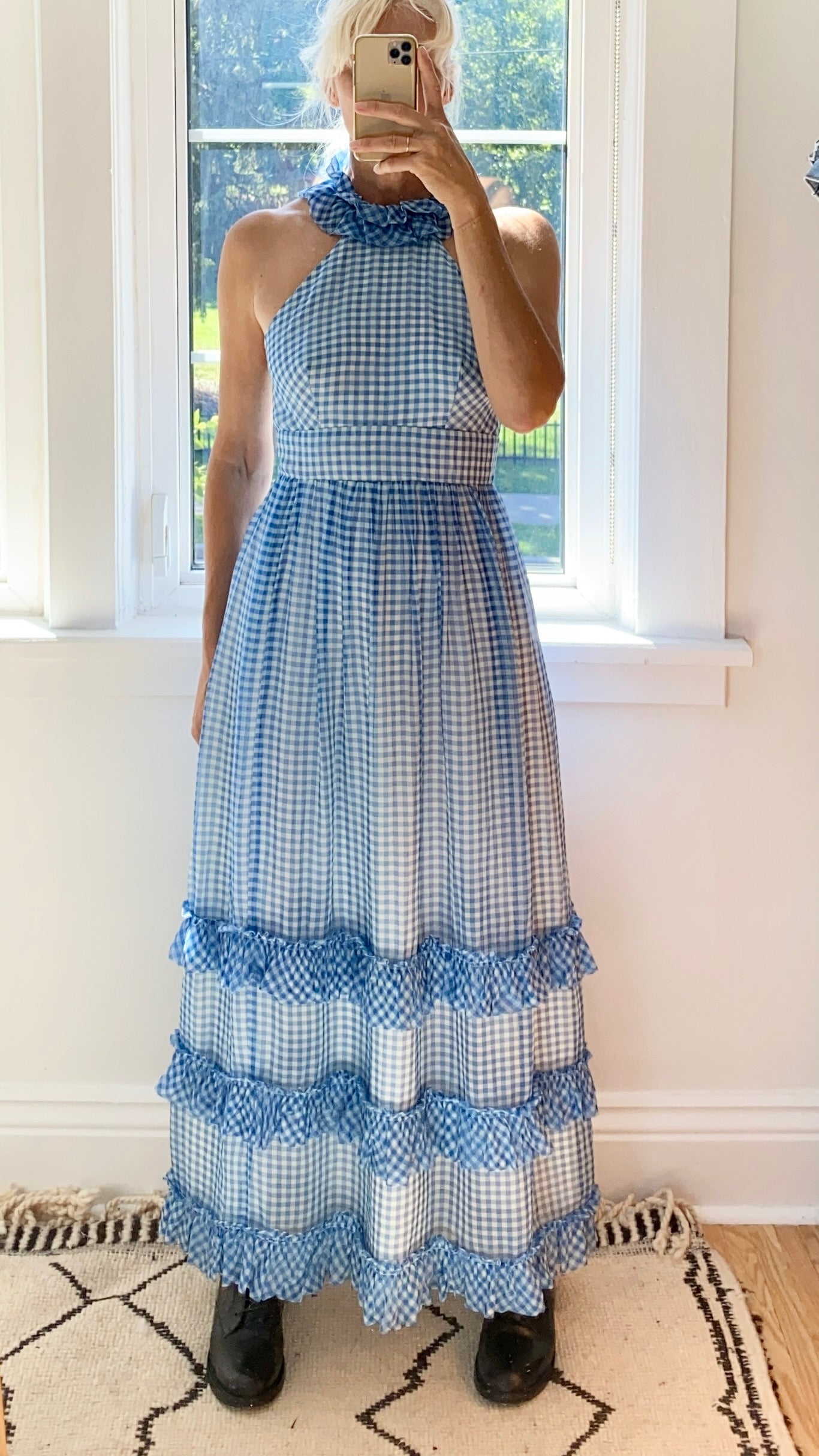 VINTAGE 1960s Organza Blue and White Gingham Halter Dress