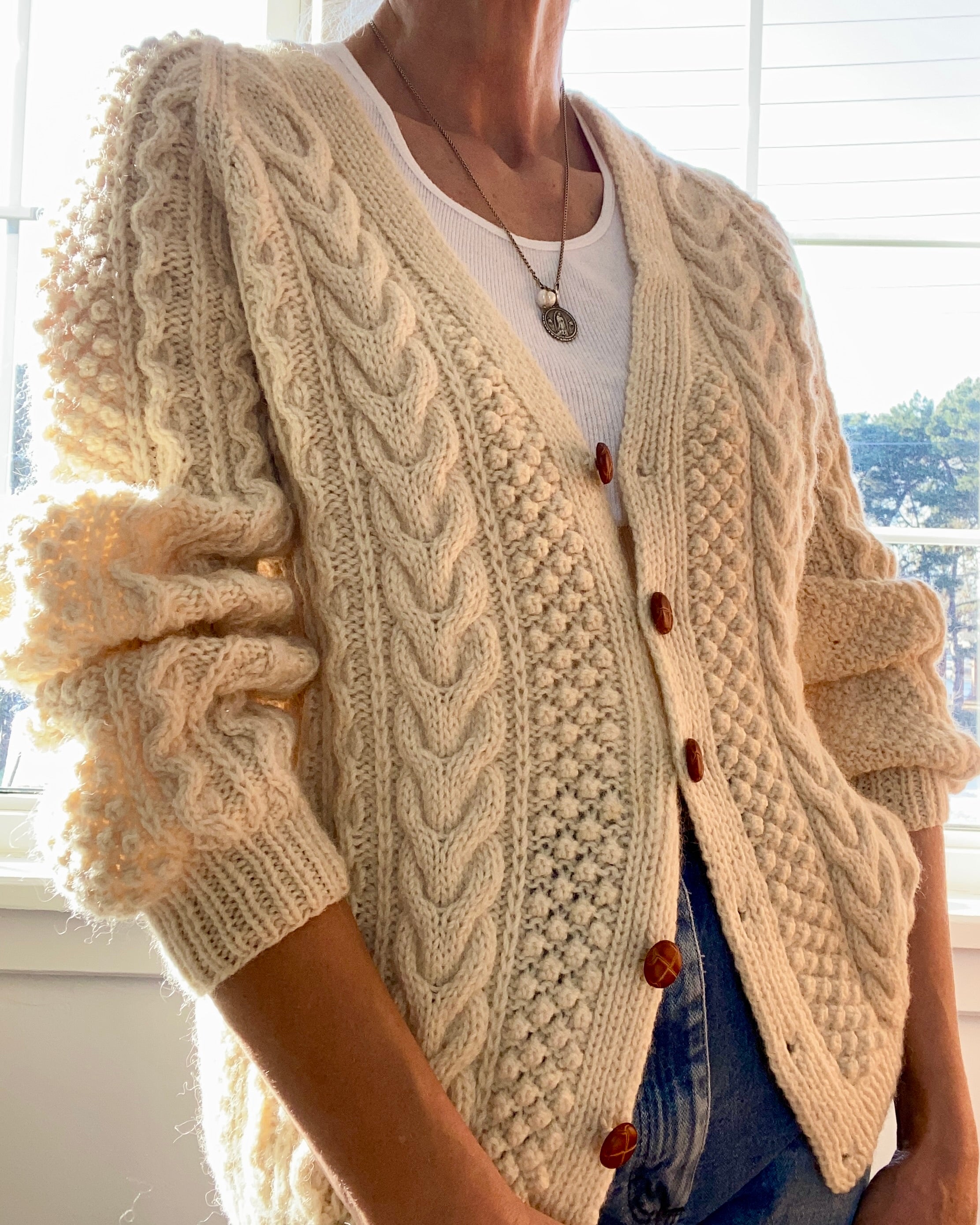 VINTAGE Handknit Fisherman Cable Wool Cardigan M