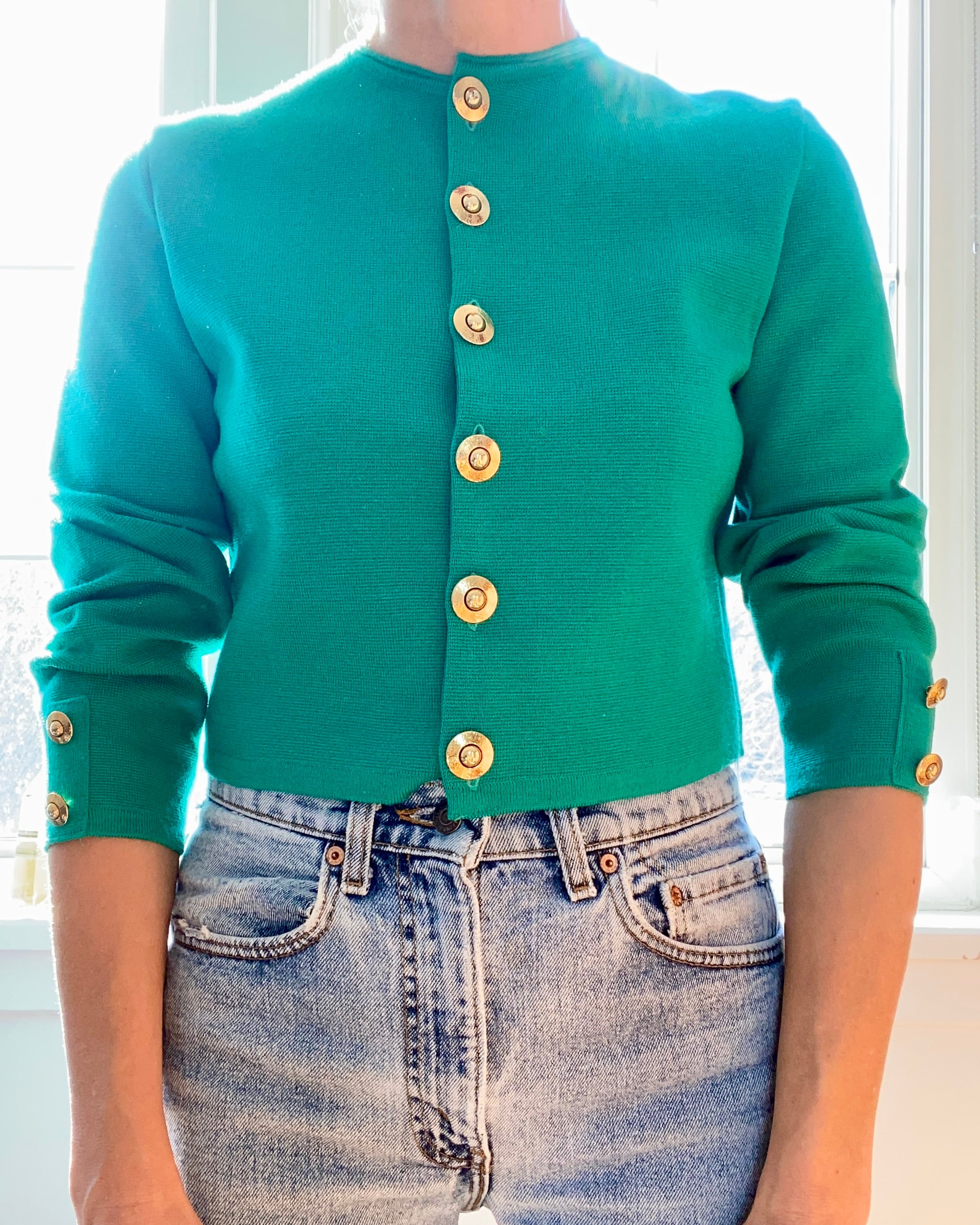 Vintage 1980s JAEGER Emerald Green Crop Knit Jacket Cardigan M