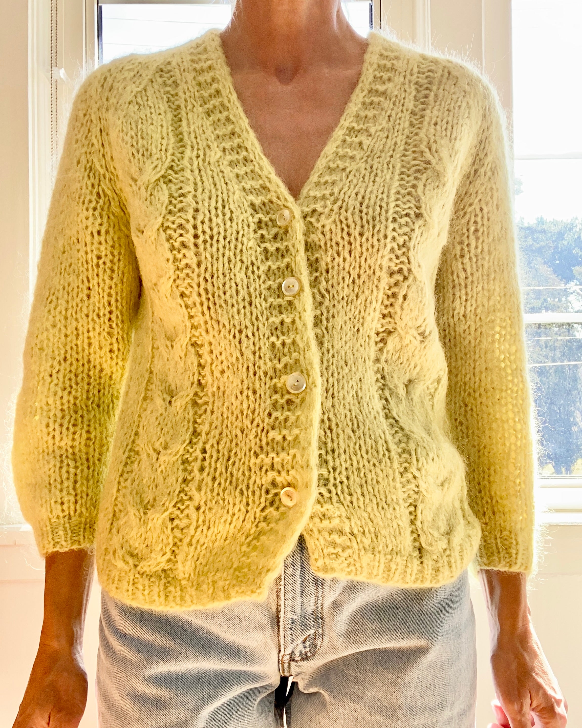VINTAGE Handknit Cable Mohair Pistachio Cardigan M