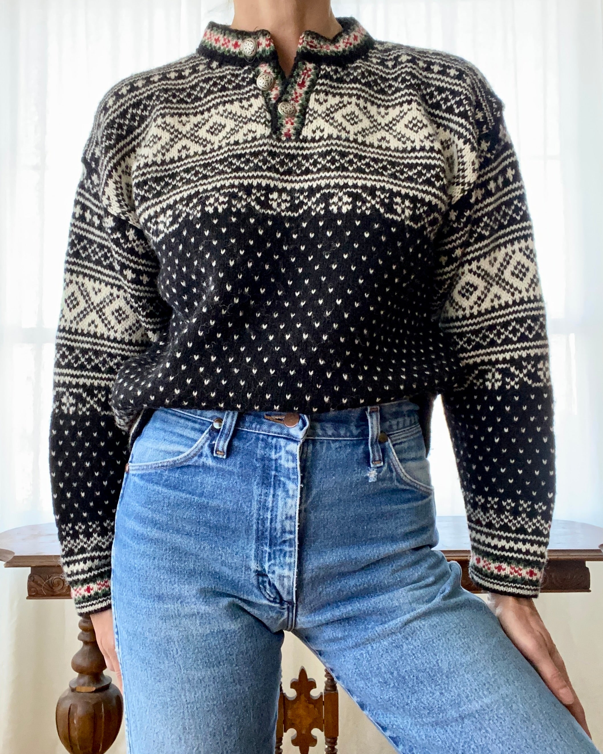 Vintage L.L. Bean Fair Isle Norwegian Style Black Sweater Henley USA M