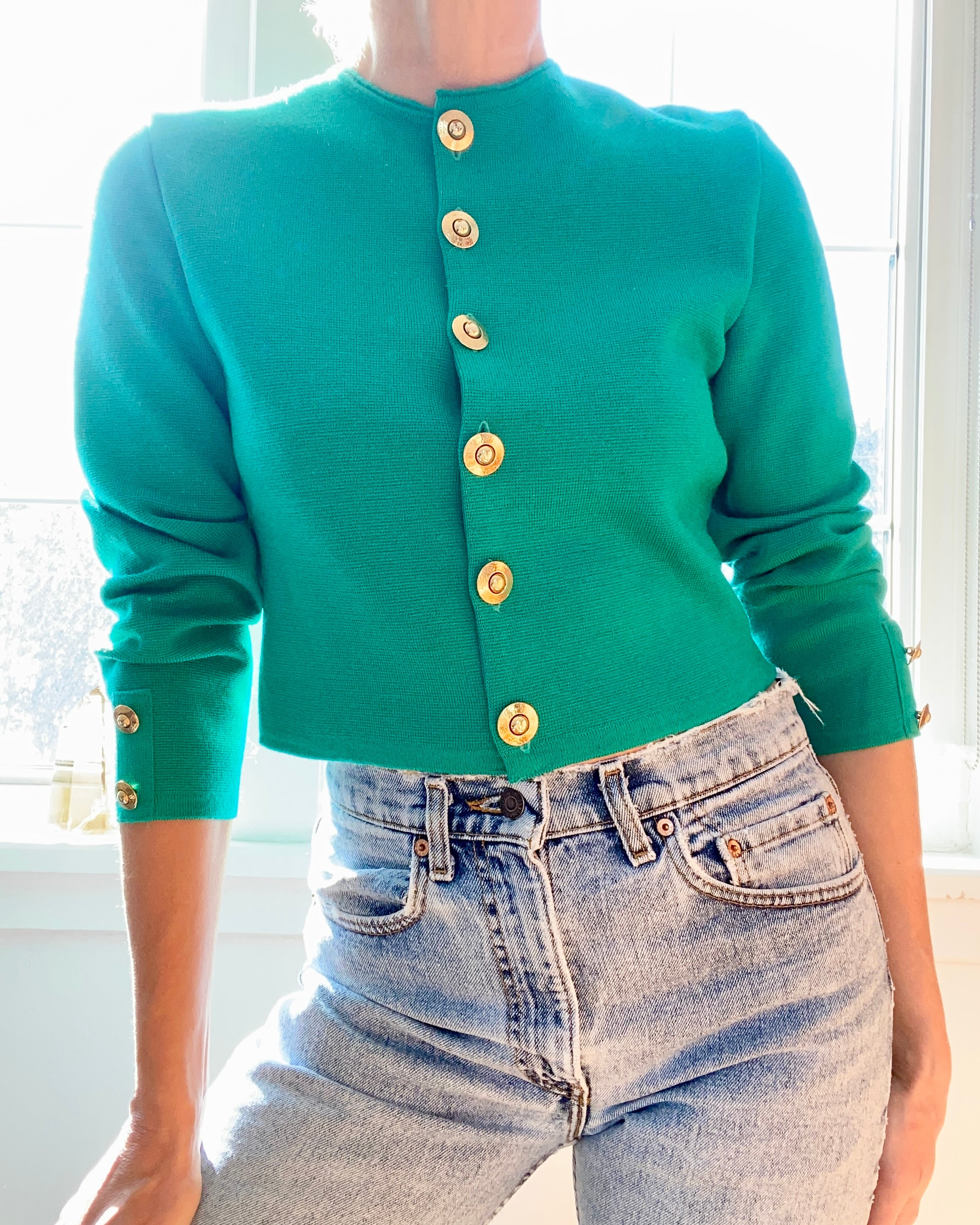 Vintage 1980s JAEGER Emerald Green Crop Knit Jacket Cardigan M