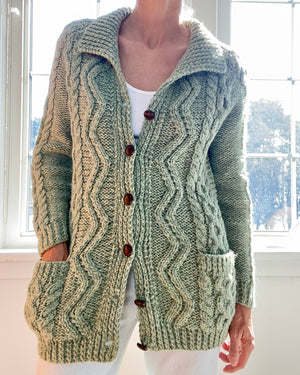 VINTAGE Sage Green Cable Wool Cardigan with Collar