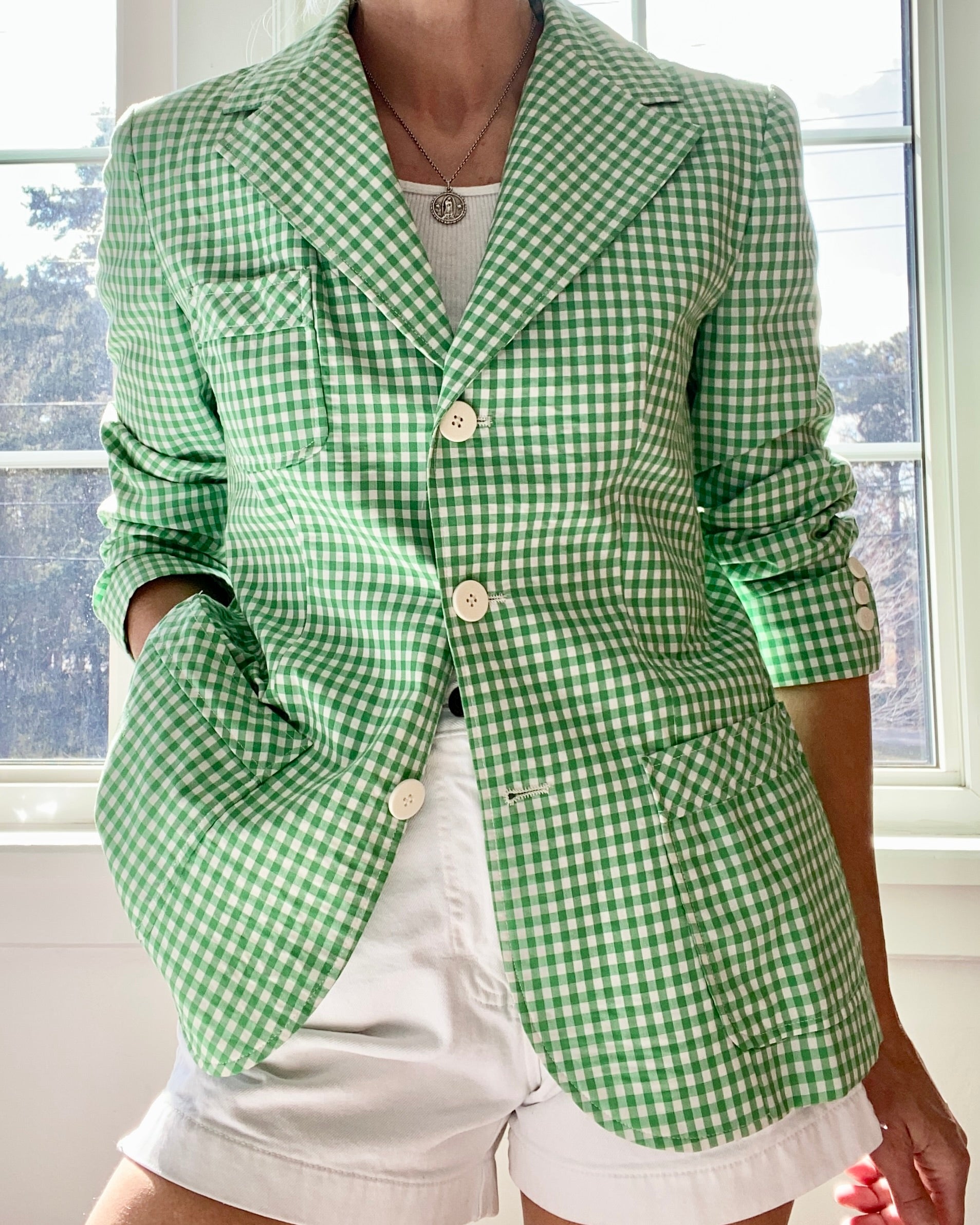 Vintage 1970s Ah! Austin Hill Green Gingham Cotton Blazer M