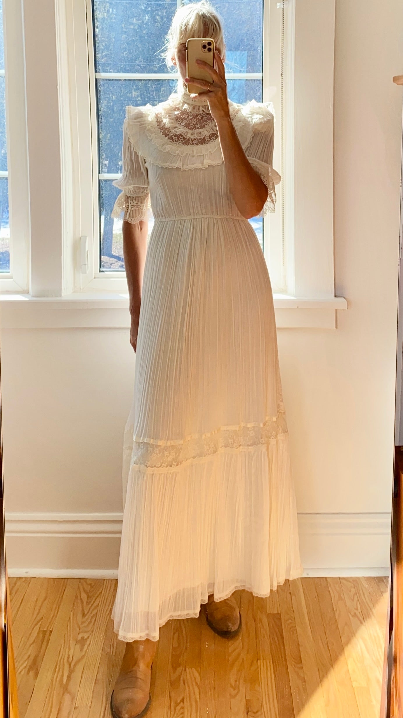 Vintage 1970s Gunne Sax by Jessica San Francisco Pleated Cream Voile and Lace Maxi Dress size 7