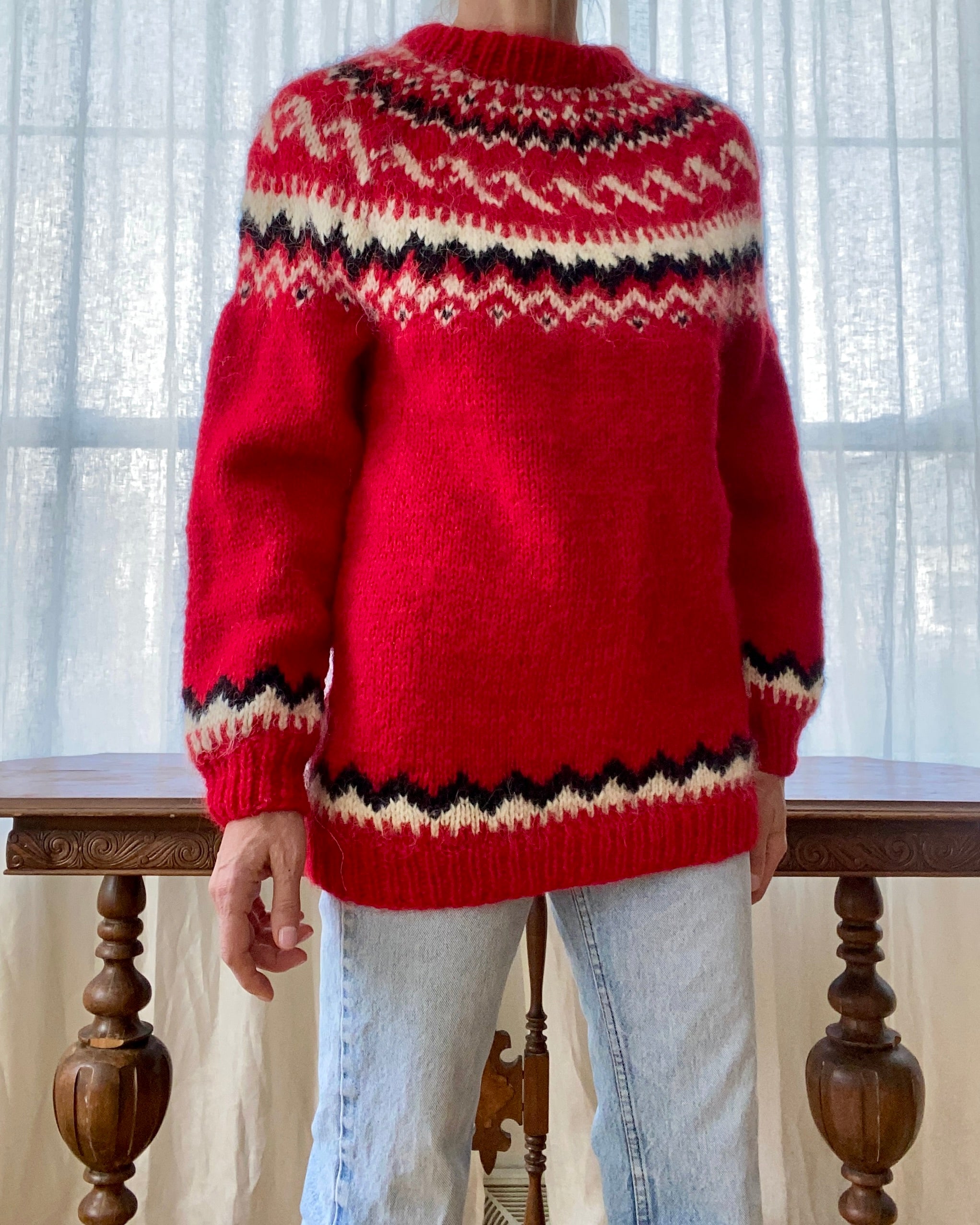 Vintage Icelandic Lopi Fair Isle Red Sweater M L