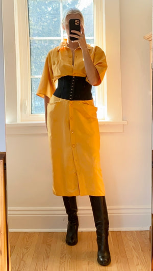 Vintage 1980s GIANFRANCO FERRE Ocre Silk Corset Shirt Dress 42 6 8