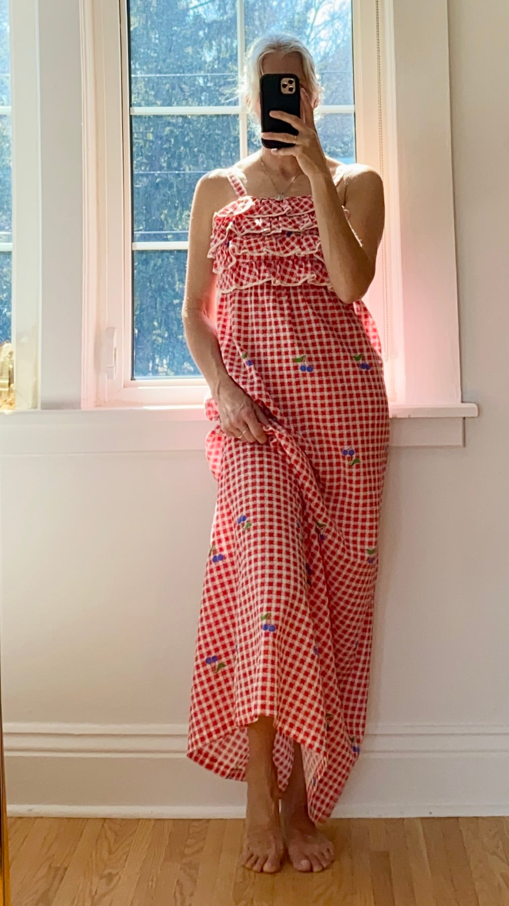 VINTAGE 1970s Red Gingham with Blueberries Cotton Ruffle Maxi Dress XS S