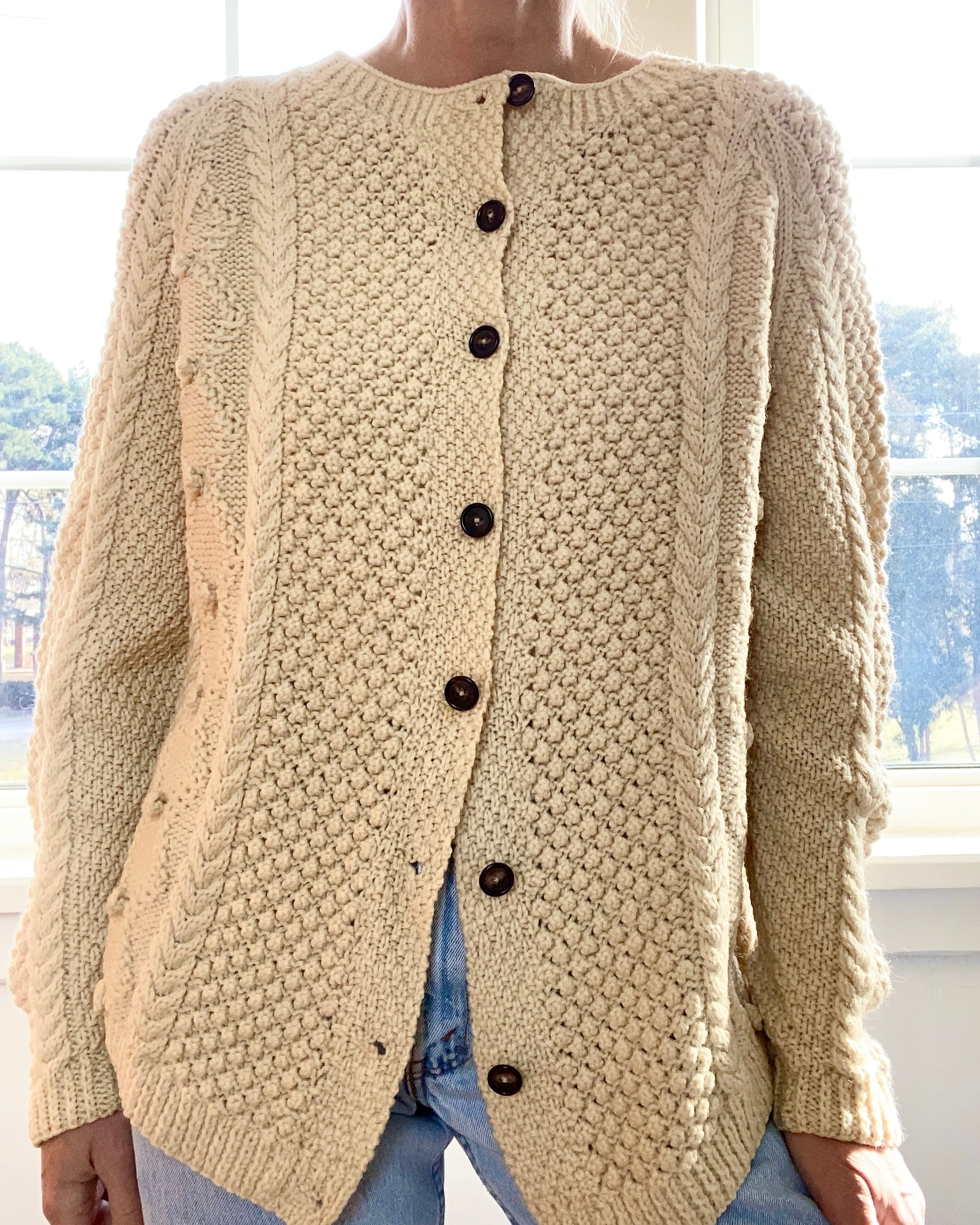 VINTAGE Fisherman Multi stitch Wool Cardigan
