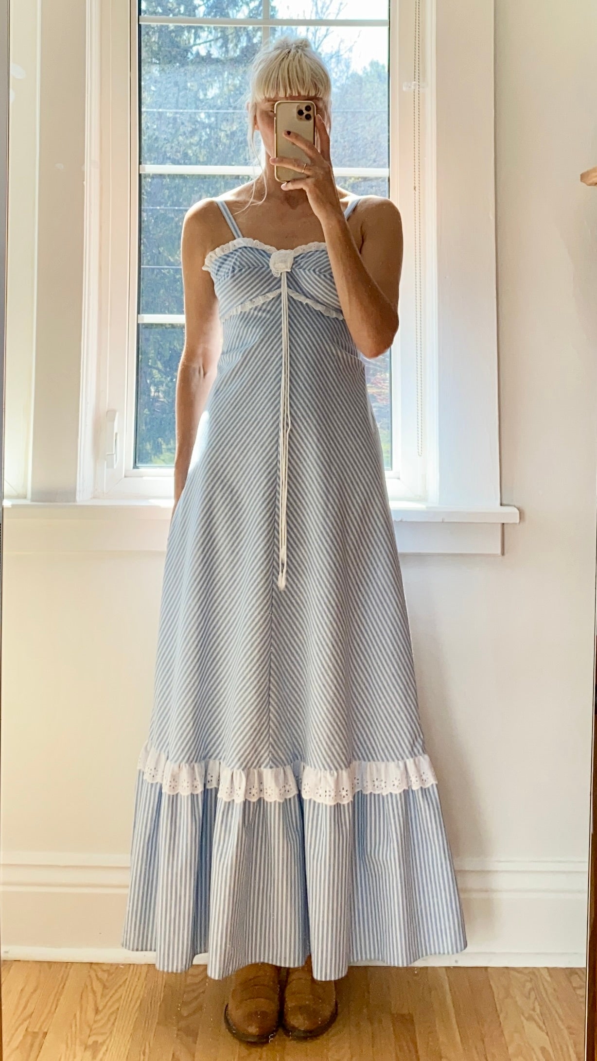 Vintage 1970s Jody T of California Blue Stripe Maxi Dress Size 2/4