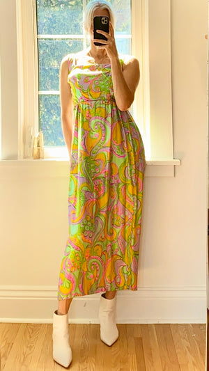 Vintage 1960s Babydoll Silk Paisley Dress XS